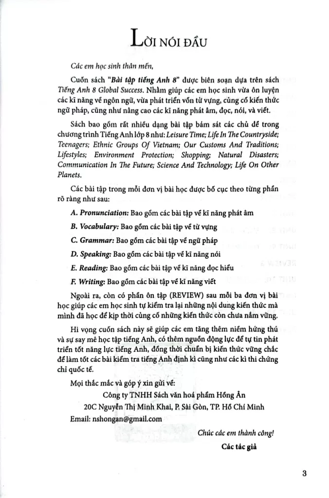 BÀI TẬP TIẾNG ANH LỚP 8 - ENGLISH EXERCISES 8 (Dùng kèm SGK Tiếng Anh 8 Global Success)